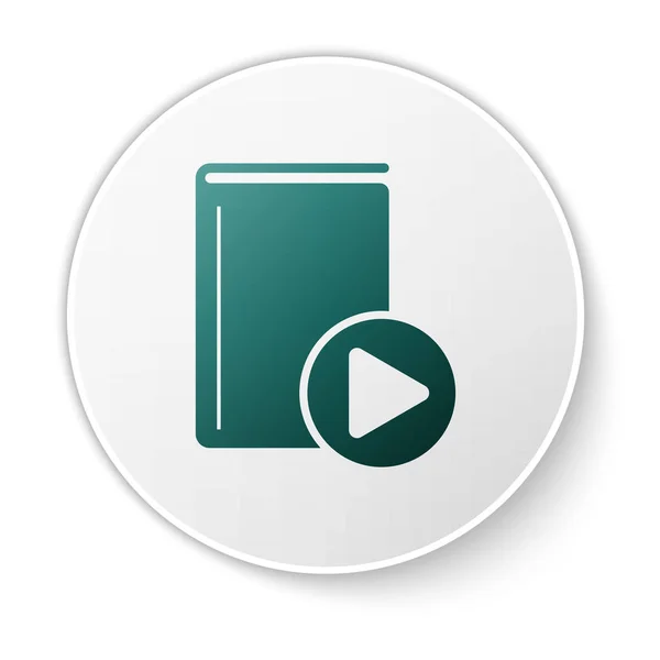 Піктограма зеленої аудіокниги ізольована на білому тлі. Кнопка відтворення і книга. Знак аудіогіда. Концепція онлайн-навчання. Кнопка білого кола. Векторна ілюстрація — стоковий вектор