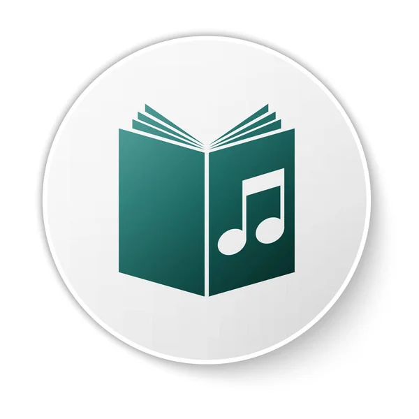 Πράσινο εικονίδιο βιβλίο ήχου απομονώνεται σε λευκό φόντο. Μουσικό σημείωμα με βιβλίο. Ηχητικό σήμα οδηγού. Έννοια της διαδικτυακής μάθησης. Κουμπί λευκού κύκλου. Απεικόνιση διανυσματικών φορέων — Διανυσματικό Αρχείο