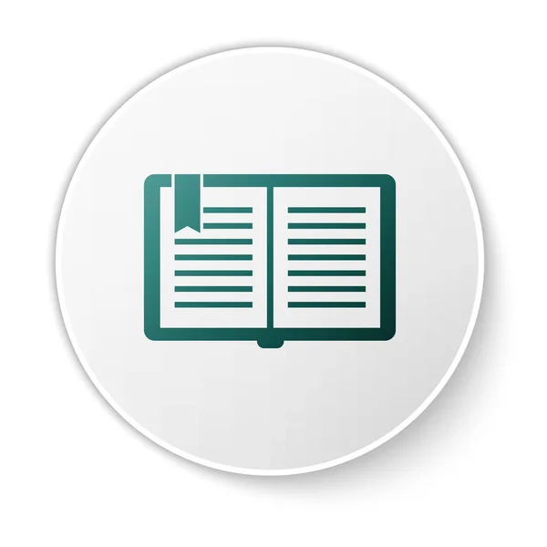 Yeşil açık kitap simgesi beyaz arka planda yalıtılmış. Beyaz daire düğmesi. Vektör Illustration — Stok Vektör