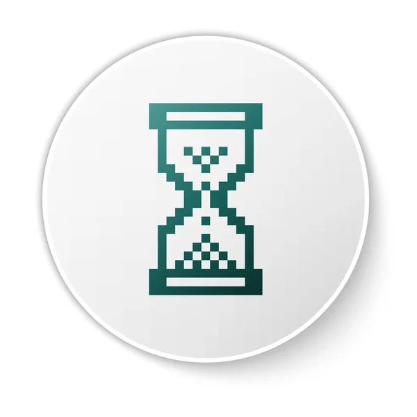 Pixel sablier vert avec icône de sable coulant isolé sur fond blanc. Sable horloge signe. Concept de gestion des affaires et du temps. Bouton rond blanc. Illustration vectorielle — Image vectorielle
