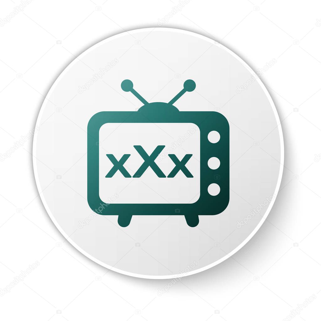 Green XXX tv old television icon isolated on white background. Age restriction symbol. 18 plus content sign. Adult channel. White circle button. Vector Illustration