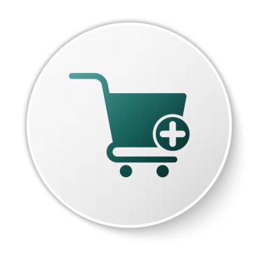 Yeşil Beyaz arka planda yalıtılmış Alışveriş sepeti simgesine ekle. Online satın alma konsepti. Teslimat hizmeti işareti. Süpermarket sepeti sembolü. Beyaz daire düğmesi. Vektör İllüstrasyonu