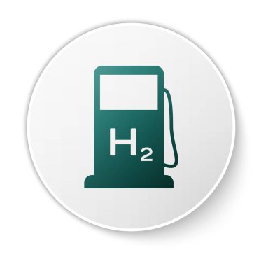 Yeşil Hidrojen dolum istasyonu simgesi beyaz arka plan üzerinde izole. H2 istasyon tabelası. Beyaz daire düğmesi. Vektör İllüstrasyonu