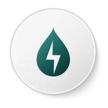 Yeşil Su enerji simgesi beyaz arka plan üzerinde izole. Su damlacıkları ile ekoloji kavramı. Alternatif enerji konsepti. Beyaz daire düğmesi. Vektör İllüstrasyonu