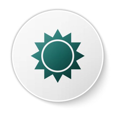 Yeşil Güneş simgesi beyaz arka plan üzerinde izole. Beyaz daire düğmesi. Vektör İllüstrasyonu