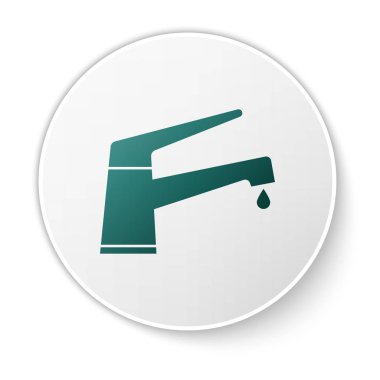 Beyaz arka plan üzerinde izole düşen su damla simgesi ile Yeşil Su musluk. Yeşil daire düğmesi. Vektör İllüstrasyonu