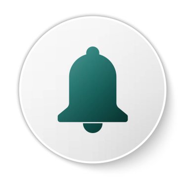 Beyaz arka planda yalıtılmış Yeşil Zil zili simgesi. Alarm sembolü, servis zili, el zili işareti, bildirim sembolü. Yeşil daire düğmesi. Vektör İllüstrasyonu