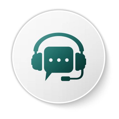 Beyaz arka planda konuşma balonu simgesi olan Yeşil Kulaklıklar. Destek müşteri hizmetleri, yardım hattı, çağrı merkezi, kılavuz, sss, bakım, yardım. Yeşil daire düğmesi. Vektör İllüstrasyonu