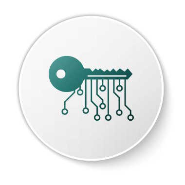 Yeşil Cryptocurrency anahtar simgesi beyaz arka planda yalıtılmış. Siber güvenlik veya özel anahtar kavramı, teknoloji arayüzü ile dijital anahtar. Beyaz daire düğmesi. Vektör İllüstrasyonu