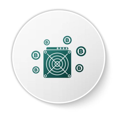 Yeşil Asic Miner simgesi beyaz arka plan üzerinde izole. Kripto para madenciliği ekipman ve donanım. Uygulamaya özel entegre devre. Beyaz daire düğmesi. Vektör İllüstrasyonu
