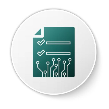 Yeşil Akıllı sözleşme simgesi beyaz arka planda yalıtılmış. Blockchain teknolojisi, kripto para madenciliği, bitcoin, altcoins, dijital para piyasası. Beyaz daire düğmesi. Vektör İllüstrasyonu