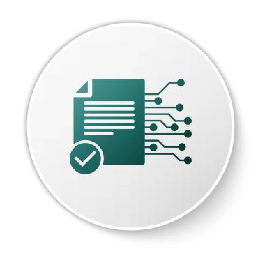 Yeşil Akıllı sözleşme simgesi beyaz arka planda yalıtılmış. Blockchain teknolojisi, kripto para madenciliği, bitcoin, altcoins, dijital para piyasası. Beyaz daire düğmesi. Vektör İllüstrasyonu