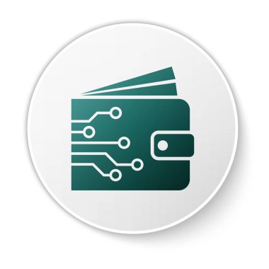 Yeşil Cryptocurrency cüzdan simgesi beyaz arka planda yalıtılmış. Cüzdan ve bitcoin işareti. Madencilik konsepti. Para, ödeme, nakit, ödeme simgesi. Beyaz daire düğmesi. Vektör İllüstrasyonu