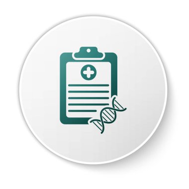 Beyaz arka planda izole edilmiş Dna analizi simgesine sahip yeşil pano. Genetik mühendisliği, genetik testi, klonlama, babalık testi. Beyaz daire düğmesi. Vektör İllüstrasyonu