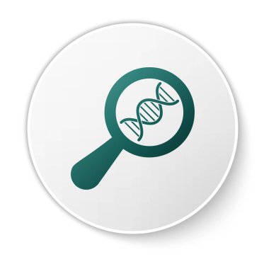 Yeşil DNA araştırması, beyaz arka planda izole edilmiş arama simgesi. Büyüteç ve DNA zinciri. Genetik mühendisliği, klonlama, babalık testi. Beyaz daire düğmesi. Vektör İllüstrasyonu
