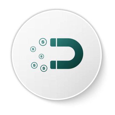 Yeşil Mıknatıs para simgesi beyaz arka plan üzerinde izole ile. Yatırım çekme kavramı, para. Büyük iş kar cazibe ve başarı. Beyaz daire düğmesi. Vektör İllüstrasyonu