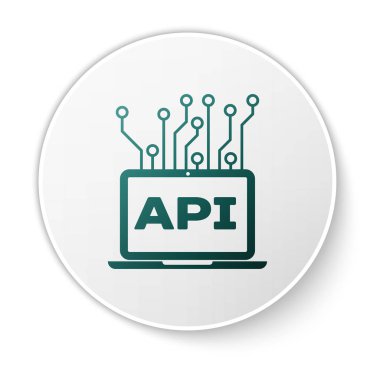 Yeşil Bilgisayar api arabirim simgesi beyaz arka planda yalıtılmış. Uygulama programlama arayüzü Api teknolojisi. Yazılım entegrasyonu. Beyaz daire düğmesi. Vektör İllüstrasyonu