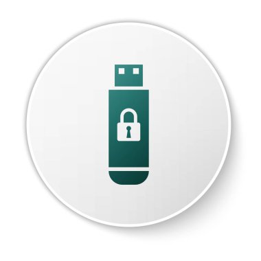Beyaz arka planda izole edilmiş kapalı asma kilit simgesine sahip yeşil Usb flash sürücü. Güvenlik, güvenlik, koruma konsepti. Beyaz daire düğmesi. Vektör İllüstrasyonu