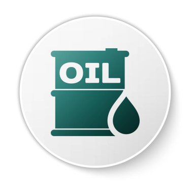 Yeşil Petrol varil simgesi beyaz arka plan üzerinde izole. Yağ varil konteyner. Bilgi grafikleri, yakıt, endüstri, güç, ekoloji için. Beyaz daire düğmesi. Vektör İllüstrasyonu