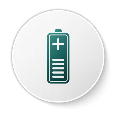 Yeşil Pil şarj seviyesi gösterge simgesi beyaz arka planda yalıtılmış. Beyaz daire düğmesi. Vektör İllüstrasyonu