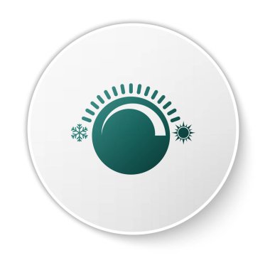 Yeşil Termostat simgesi beyaz arka plan üzerinde izole. Sıcaklık kontrolü. Beyaz daire düğmesi. Vektör İllüstrasyonu