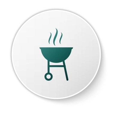 Beyaz arka planda yeşil ızgara ikonu izole edildi. Barbekü ızgara partisi. Beyaz daire düğmesi. Vektör İllüstrasyonu