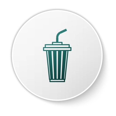 Yeşil Cam su simgesi beyaz arka plan üzerinde izole ile. Soda, pipetli bardak içilir. Taze soğuk içecek sembolü. Beyaz daire düğmesi. Vektör İllüstrasyonu