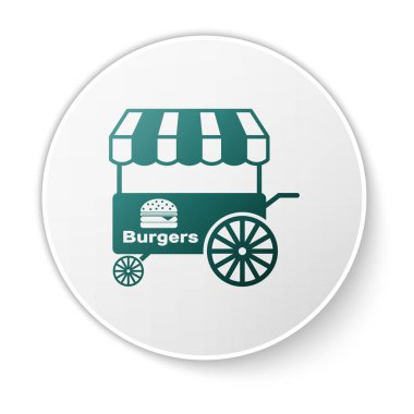 Beyaz arka plan üzerinde izole tente simgesi ile Yeşil Fast sokak gıda sepeti. Burger veya hamburger simgesi. Şehir köşkü. Beyaz daire düğmesi. Vektör İllüstrasyonu