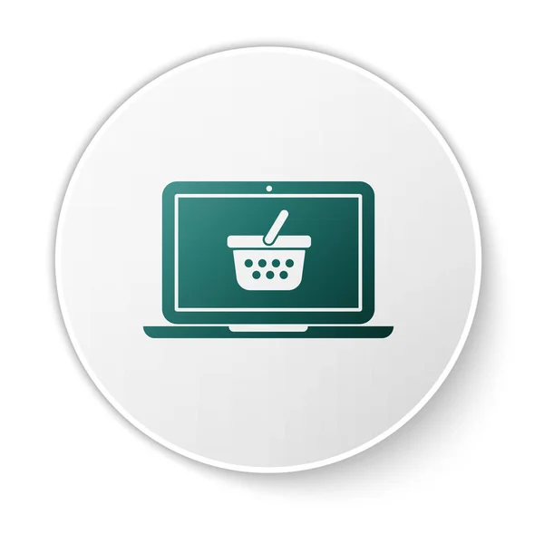 Ekran dizüstü bilgisayarındaki yeşil alışveriş sepeti beyaz arkaplanda izole edilmiş. Konsept e-ticaret, e-ticaret, online iş pazarlama. Beyaz daire düğmesi. Vektör İllüstrasyonu — Stok Vektör
