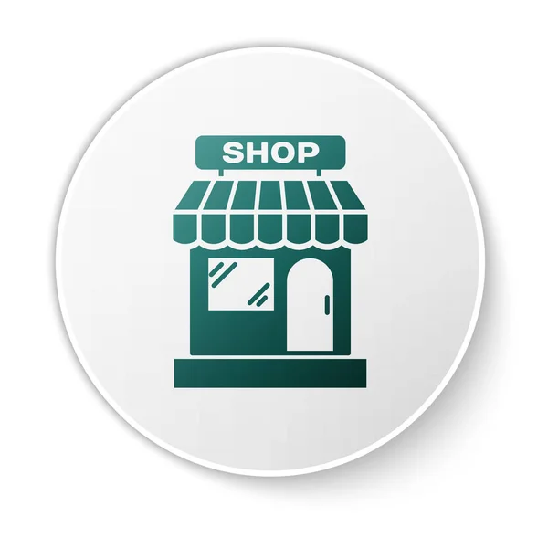 Green Shopping building or market store icon isolated on white background. Shop construction. White circle button. Vector Illustration — Stock Vector