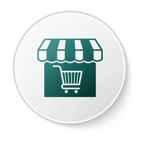Grünes Einkaufsgebäude oder Marktladen mit Warenkorb-Symbol auf weißem Hintergrund. Ladenbau. Supermarkt-Warenkorb Symbol. weißer Kreis-Knopf. Vektorillustration — Stockvektor