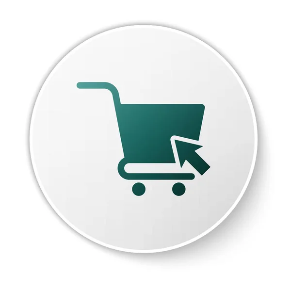 Green Shopping cart with cursor icon isolated on white fone. Концепция онлайн-покупки. Знак службы доставки. Символ супермаркета. Кнопка белого круга. Векторная миграция — стоковый вектор