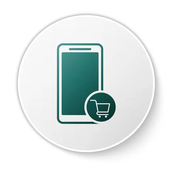 Grön mobiltelefon och kundvagn ikon isolerad på vit bakgrund. Onlineköp symbol. Korgsymbol för snabbköp. Vit cirkel knapp. Vektor Illustration — Stock vektor