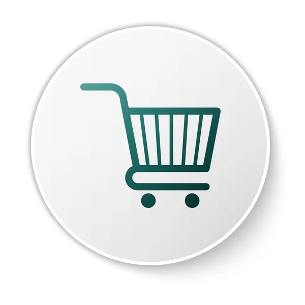 Icono de carrito de compras verde aislado sobre fondo blanco. Concepto de compra en línea. Señal de entrega. Símbolo de cesta de supermercado. Botón círculo blanco. Ilustración vectorial — Archivo Imágenes Vectoriales