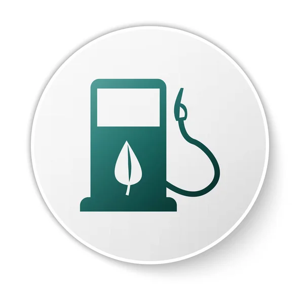 Green bio fuel concept met brandstof mondstuk en blad icoon geïsoleerd op witte achtergrond. Benzinestation met bladeren. Eco tanken. Witte cirkel knop. Vector illustratie — Stockvector