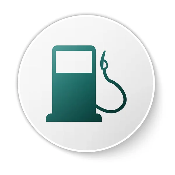 Icône de station essence ou essence verte isolée sur fond blanc. Symbole carburant voiture. Pompe à essence. Bouton rond blanc. Illustration vectorielle — Image vectorielle