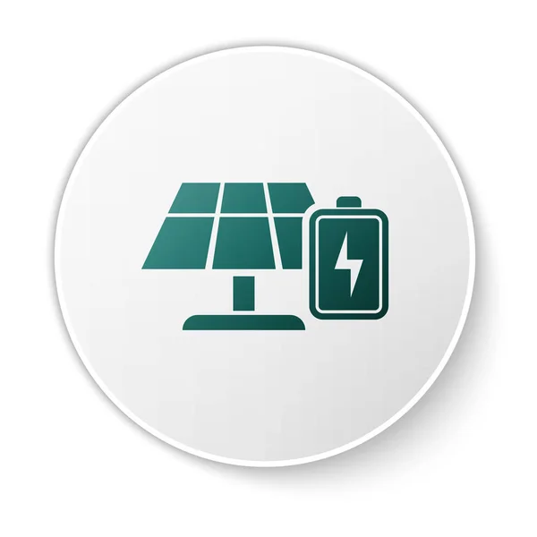 緑色の太陽エネルギーパネルとバッテリーアイコンは、白い背景に分離されています。白い円のボタン。ベクトルイラストレーション — ストックベクタ
