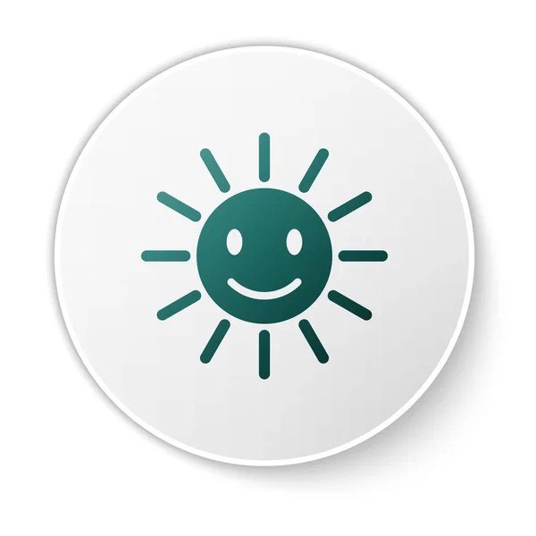 Grüne niedliche Sonne mit Lächeln Symbol isoliert auf weißem Hintergrund. lustig lächelnde Sonne. glückliches, sonniges Lächeln. weißer Kreis-Knopf. Vektorillustration — Stockvektor