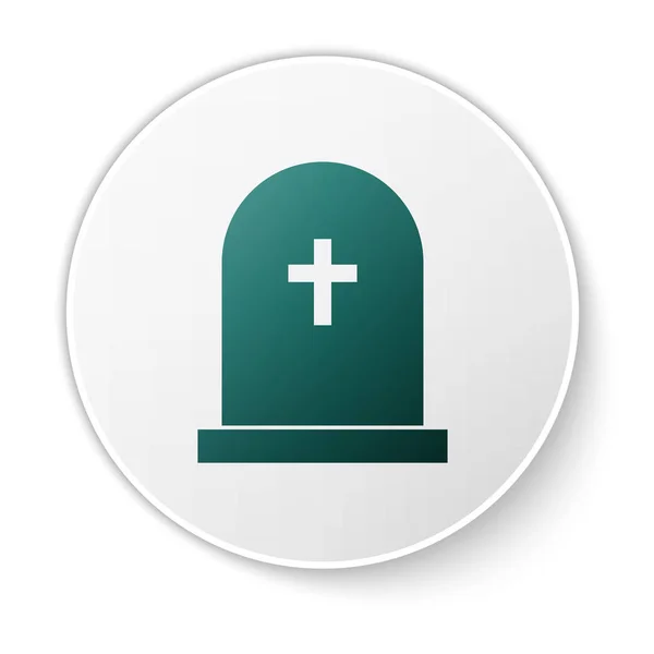 Πράσινο ταφόπλακα με σταυρό είδωλο απομονώνεται σε λευκό φόντο. Το εικονίδιο του τάφου. Κουμπί πράσινου κύκλου. Απεικόνιση διανυσματικών φορέων — Διανυσματικό Αρχείο
