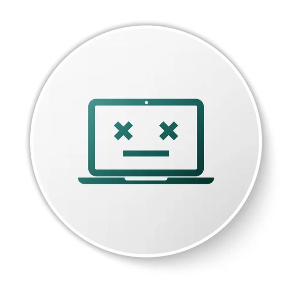 Icône d'ordinateur portable Green Dead isolé sur fond blanc. erreur 404 comme un ordinateur portable avec emoji mort. Erreur fatale dans le système PC. Bouton rond vert. Illustration vectorielle — Image vectorielle