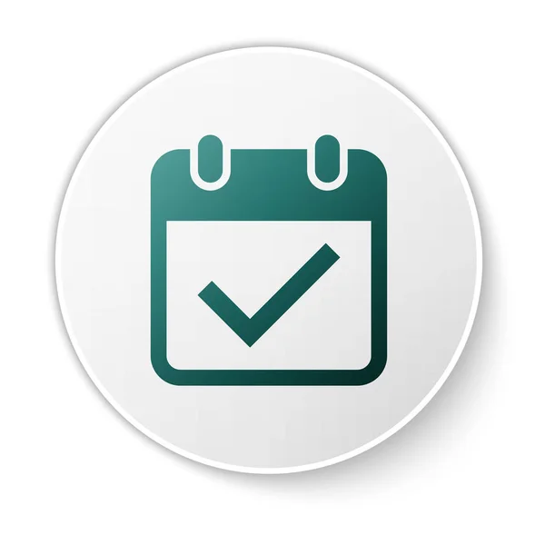 Beyaz arka planda yalıtılmış onay işareti simgesine sahip Yeşil Takvim. Yeşil daire düğmesi. Vektör İllüstrasyonu