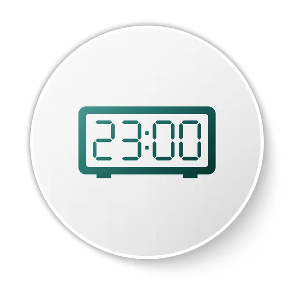 Icono de despertador digital verde aislado sobre fondo blanco. Reloj despertador electrónico. Icono de tiempo. Botón círculo verde. Ilustración vectorial — Vector de stock