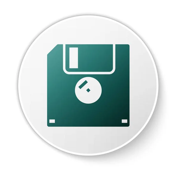 Groene diskette voor pictogram voor computergegevens opslag, geïsoleerd op witte achtergrond. Diskette teken. Groene cirkel knop. Vector illustratie — Stockvector