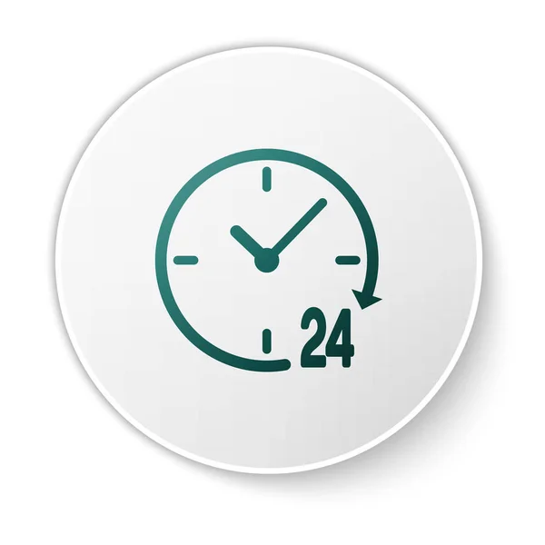 Grüne Uhr 24 Stunden Symbol isoliert auf weißem Hintergrund. ganztägige zyklische Ikone. 24 Stunden Service-Symbol. grüner Kreis-Knopf. Vektorillustration — Stockvektor