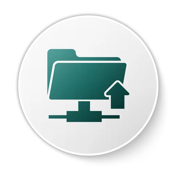 Zielona ikona przesyłania folderu FTP na białym tle. Koncepcja aktualizacji oprogramowania, protokół transferu, router, zarządzanie narzędziami pracy zespołowej, proces kopiowania. Przycisk zielony okrąg. Ilustracja wektorowa — Wektor stockowy