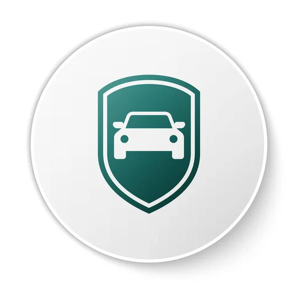 Green Car icono de protección o seguro aislado sobre fondo blanco. Protege el escudo del coche. Icono del vehículo insignia de seguridad. Etiqueta de seguridad automática. Botón círculo verde. Ilustración vectorial — Archivo Imágenes Vectoriales