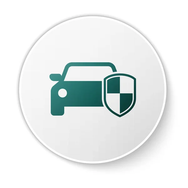 Zöld autó védelmi vagy biztosítási ikon izolált fehér háttér. Védje autó őr pajzs. Biztonsági jelvény jármű ikon. Automatikus biztonsági címke. Zöld kör gomb. Vektoros illusztráció — Stock Vector