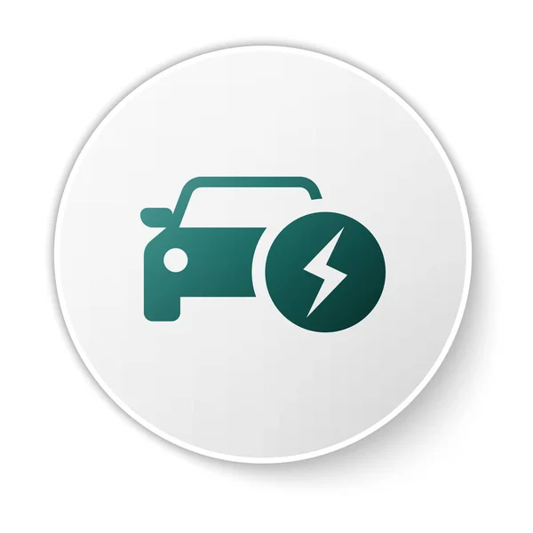 Green Electric coche y cable eléctrico enchufe icono de carga aislado sobre fondo blanco. Tecnologías ecológicas renovables. Botón círculo verde. Ilustración vectorial — Vector de stock