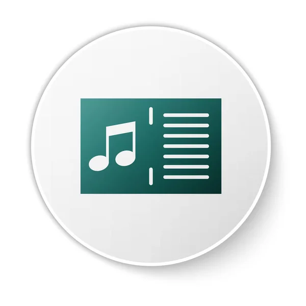 Livro de música verde com ícone de nota isolado no fundo branco. Folha de música com estaca de notas. Caderno de notas musicais. Botão de círculo verde. Ilustração vetorial — Vetor de Stock