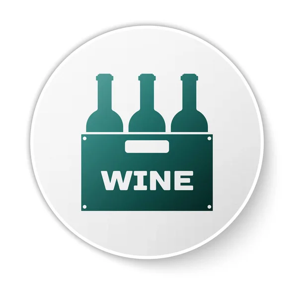 Garrafas verdes de vinho em um ícone de caixa de madeira isolado no fundo branco. Garrafas de vinho em um ícone de caixa de madeira. Botão de círculo verde. Ilustração vetorial — Vetor de Stock